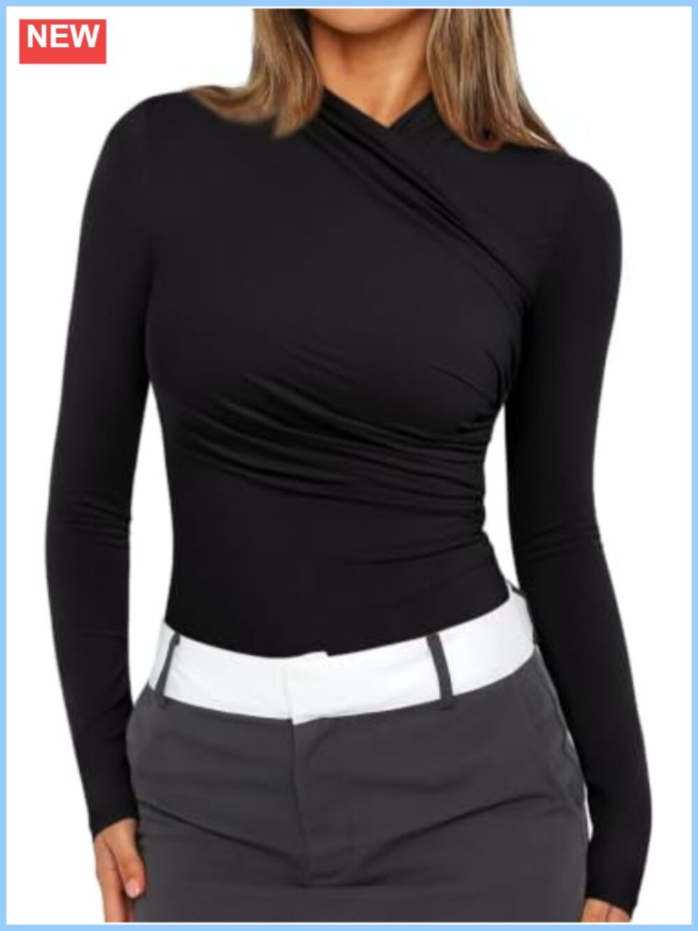 REORIA Long Sleeve Ruched Wrap Bodysuit Mock Neck Snap Closure